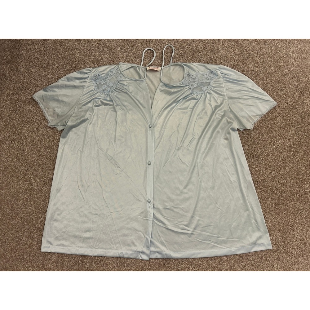 Kayser Bed Jacket Women XL Blue Excellent Vintage Lace Trim Button Front USA